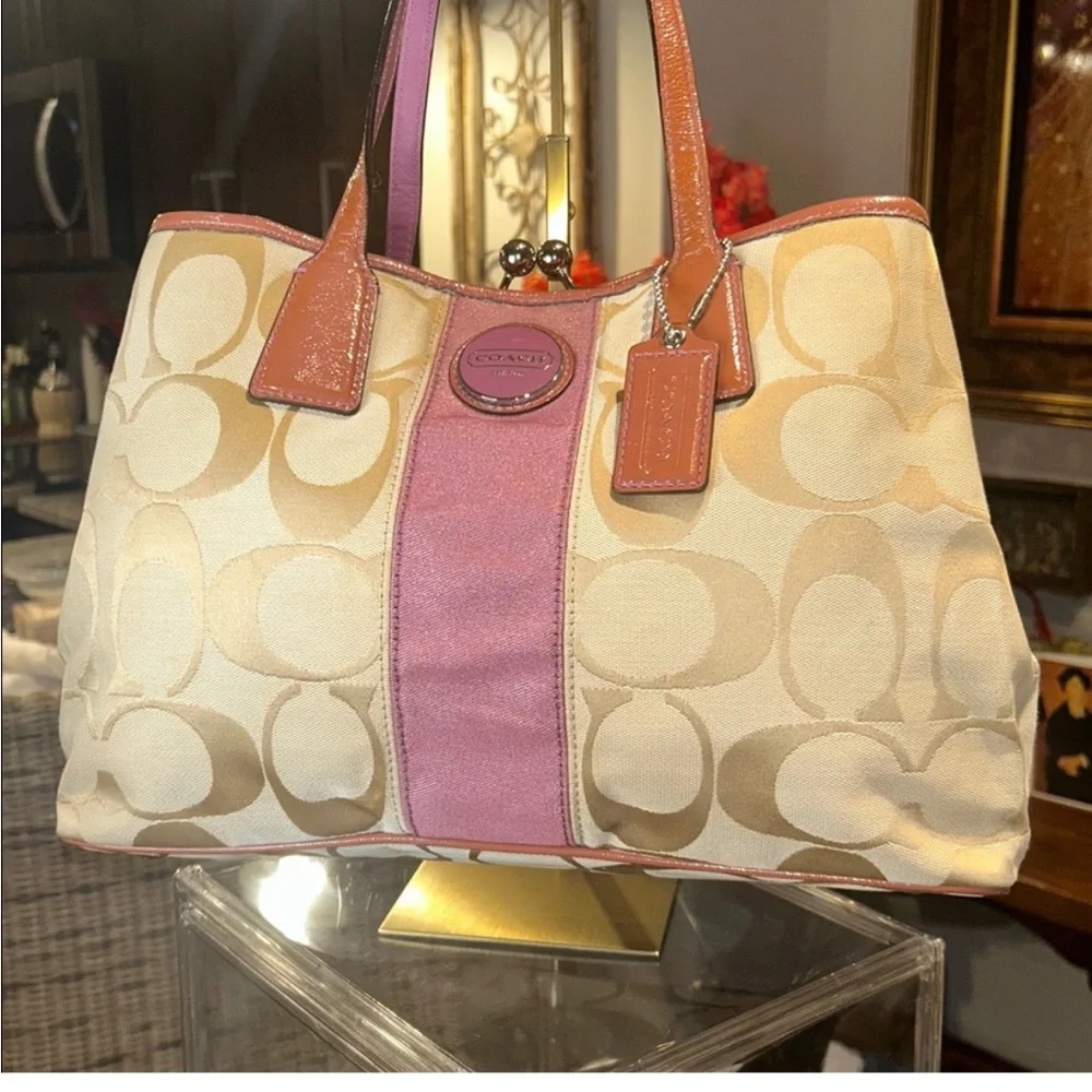 Coach Signature Stripe Kisslock Satchel, Excellent Like New Condition Y2K F13533